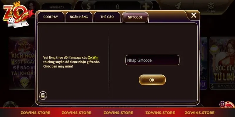 Nạp tiền Zowin qua đổi giftcode thoải mái nhận thưởng miễn phí